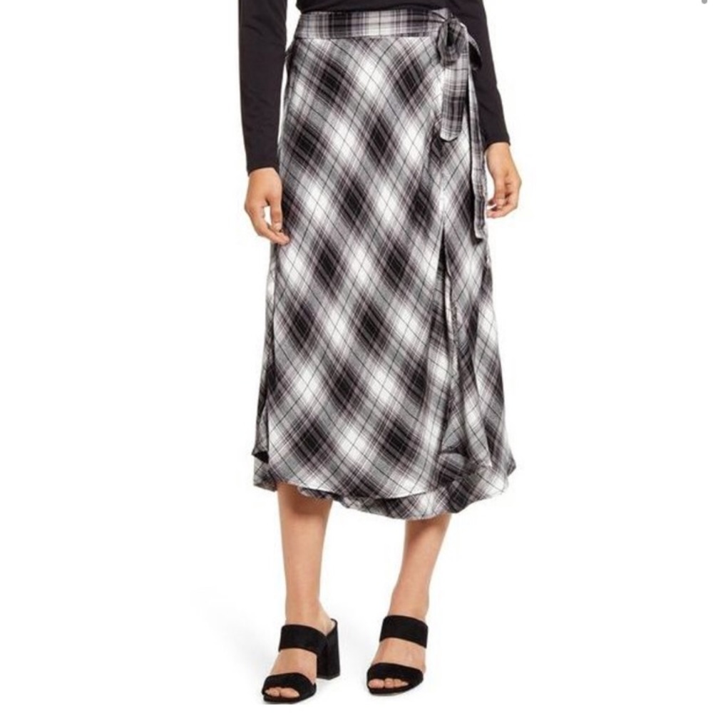 CASLON black and white plaid checked faux wrap midi skirt